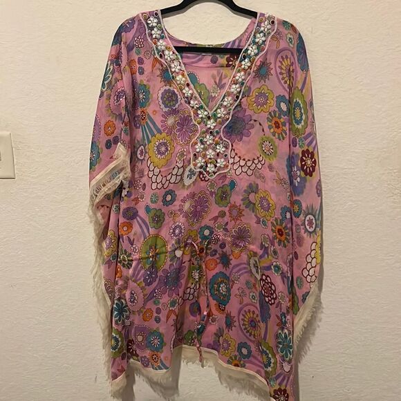 Other - One Size Fits All Beautiful Chiffon Beach Cover Up - Beaded - Pink Design